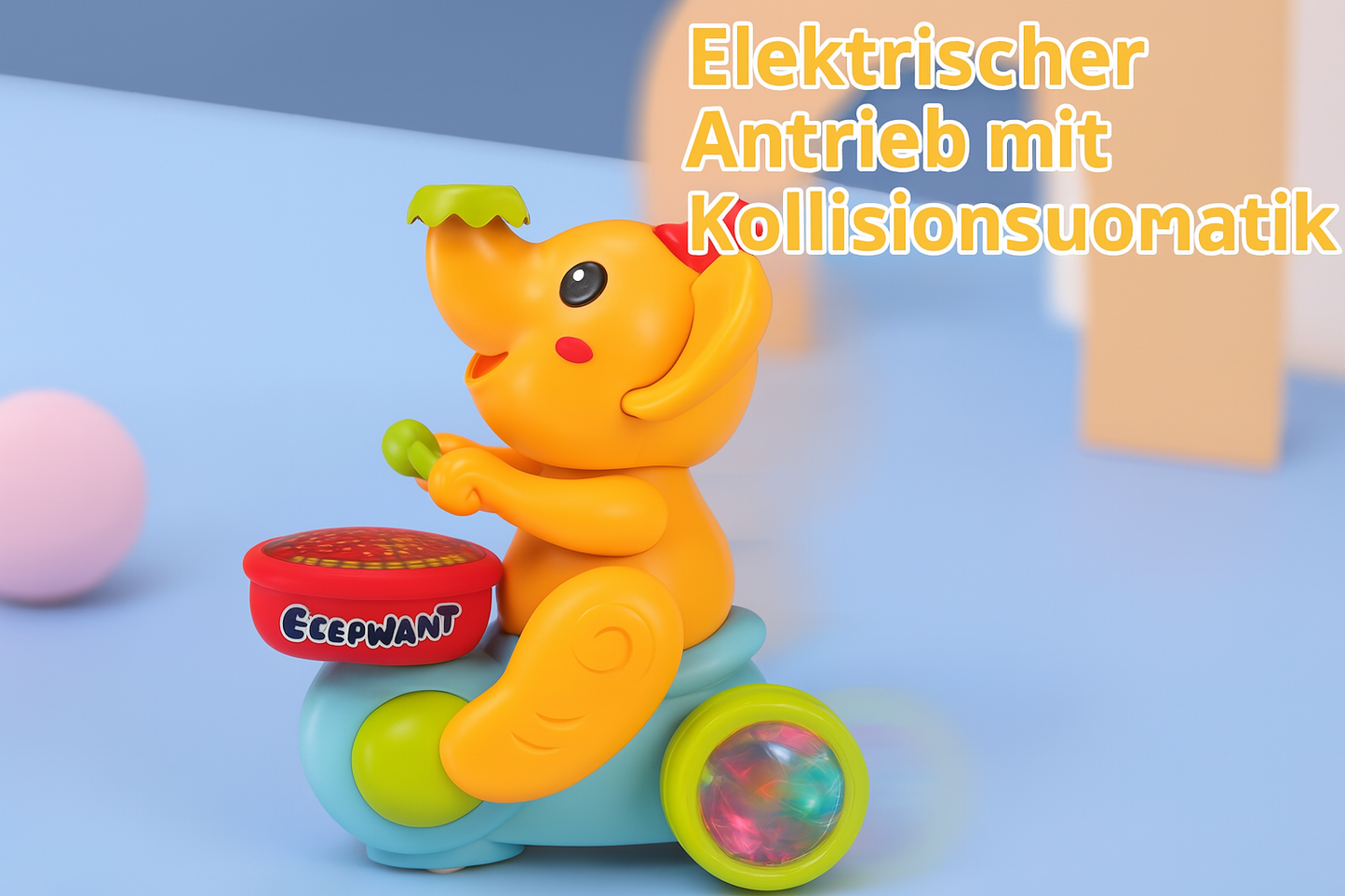 Trommel-Elefant mit Schwebeball – Musik & Spielspaß für Kinder (inkl. Batterien)